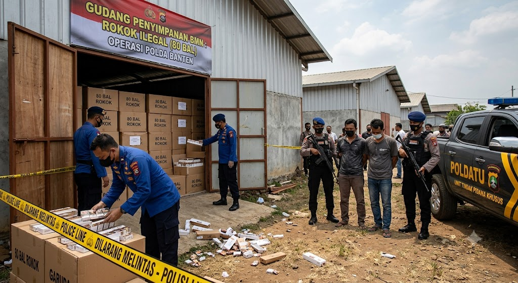 Gudang Rokok Ilegal di Serang Digerebek, Polisi Sita 80 Bal dan Tangkap Tiga Orang
