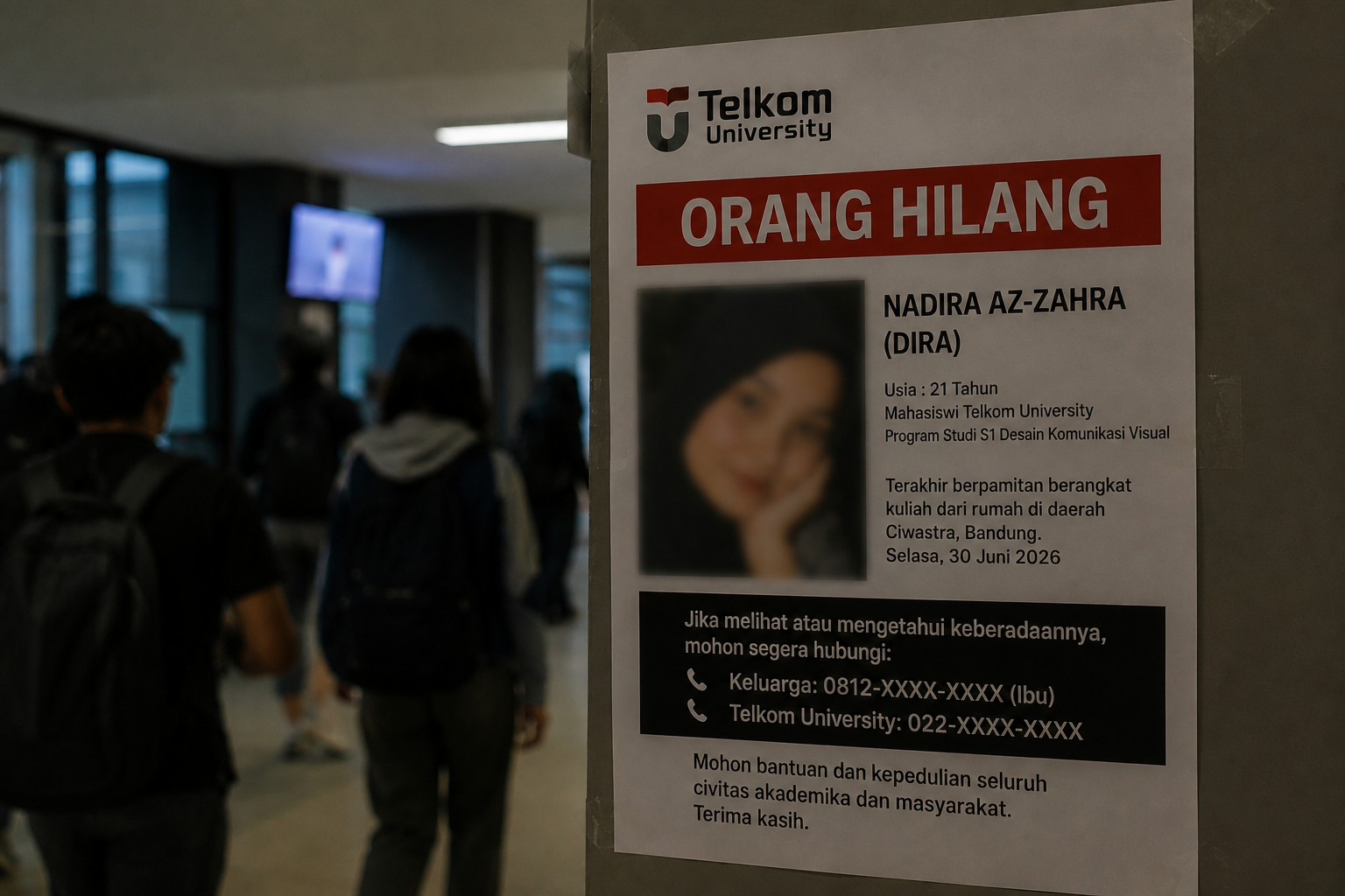 Mahasiswi Telkom University Hilang Tiga Hari, Kampus Terbitkan Edaran Pencarian